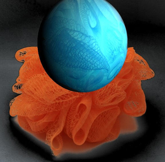 Manfred  La-Fontaine , Sphère bleue sur tissu orange,